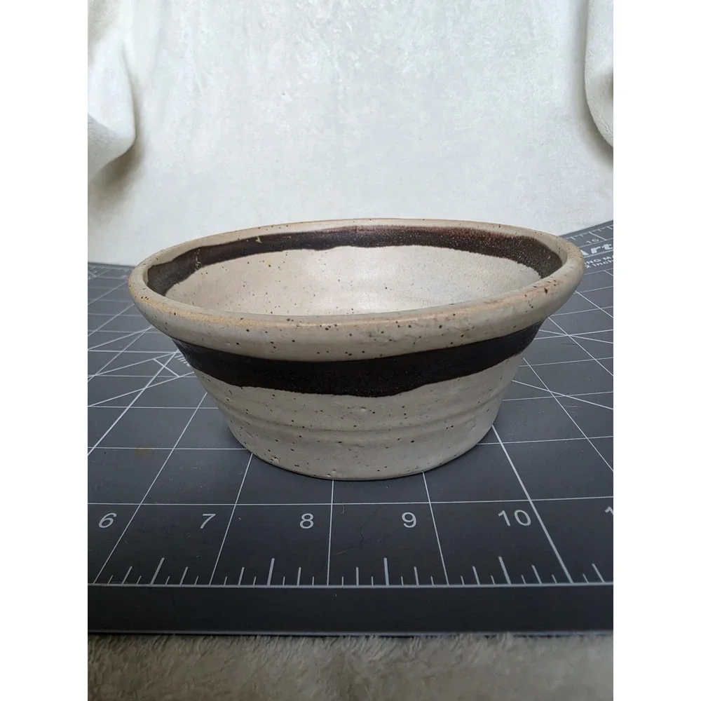 Handmade Studio Pottery Speckled Stoneware Bowl Brown Banded Rustic Farmhouse